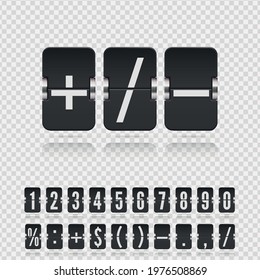 Vector modern ui design for old time meter or calendar with numbers and symbols. Retro design scoreboard clock template. Analog flip airport board for countdown timer on transoparent background.