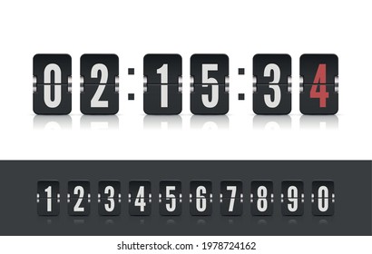 Vector modern ui design old countdown timer with numbers. Coming soon web page design template of flip time counter with reflection on white background. Scoreboard number font.