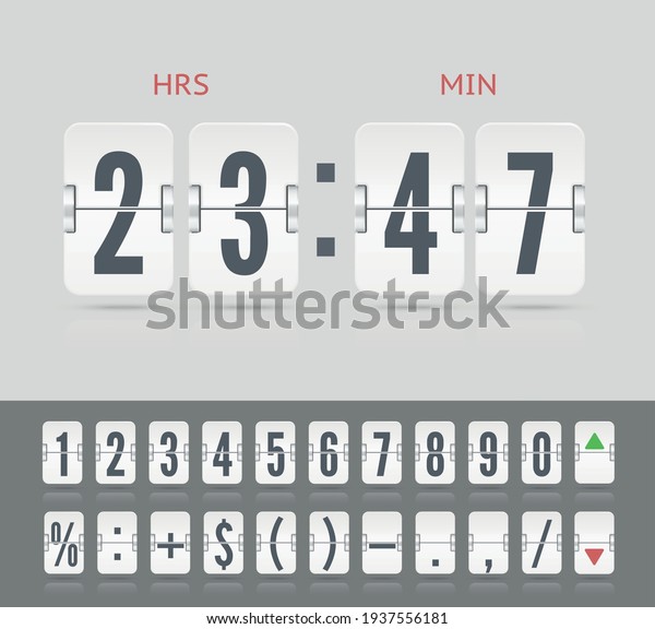 Vector modern ui design for old time meter or
calendar with numbers and symbols. White analog flip airport board
for countdown timer on light background. Retro design scoreboard
clock template.