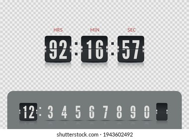 Vector modern ui design of retro time meter with numbers. Old design scoreboard clock template isolated on transparent background. Score board number font with reflections.