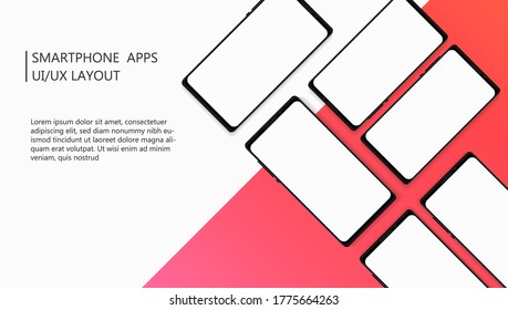 Diseño de diseño de aplicaciones para smartphone Vector moderno UI/UX para sitio web, página de inicio, portada, banner con simulaciones de pantalla en blanco.