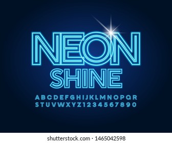 Vector moderno de la fuente de neón en mayúscula. Letras y números de alfabeto azul brillante