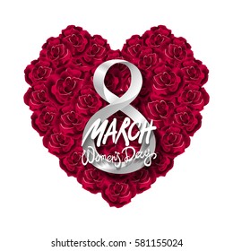 Vector modern valentines day or 8 march background. mothers day. greeting card. International Womans Day. red rose heart background. flower art