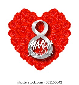 Vector modern valentines day or 8 march background. mothers day. greeting card. International Womans Day. red rose heart background. flower art