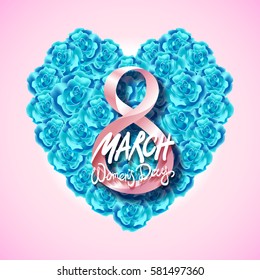 Vector modern valentines day or 8 march background. mothers day. greeting card. International Womans Day. blue rose heart background. flower art