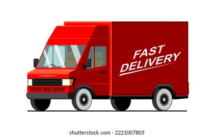 Vector Modern Van In Flat Cartoon Style. Red Delivery Van. Isolated On White Background.