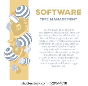 Vector modern vertical business template with golden and silver 3d elements on white background with title, text and slogan. Creative concept design for software technology web, site, print document