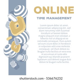 Vector modern vertical business template with golden and silver 3d elements on white background with title, text, slogan. Concept design of on line management for web, site, network, print document 