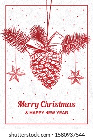 Vector modern vintage hand drawn Christmas card template with various seasonal shapes.  Hand drawn conifers: fir, larch, juniper, pine, spruce in vector. Unique hand drawn christmas design. EPS 10