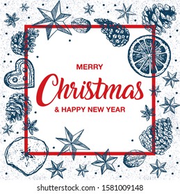 Vector modern vintage hand drawn Christmas card template with various seasonal shapes.  Hand drawn conifers: fir, larch, juniper, pine, spruce in vector. Unique hand drawn christmas design. EPS 10