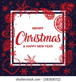 Vector modern vintage hand drawn Christmas card template with various seasonal shapes.  Hand drawn conifers: fir, larch, juniper, pine, spruce in vector. Unique hand drawn christmas design. EPS 10