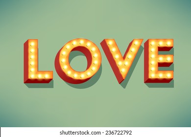 Vector modern volumetric abstract letters design on love featuring retro 3d lit up bulbs marquee typography with shadow effect