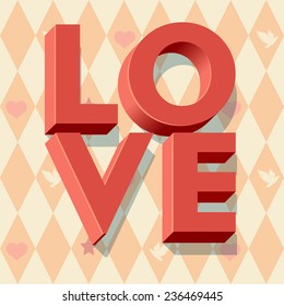 Vector modern volumetric abstract red letters design on love featuring retro 3d typography with shadow effect with beige seamless pattern background