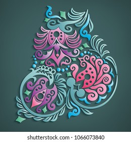 Vector modern volumetric floral elements. Trendy craft style illustration. 3d effect imitation