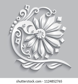 Vector modern volumetric floral elements. Trendy craft style illustration. 3d effect imitation