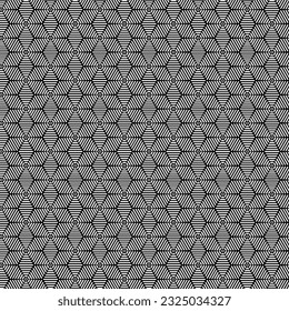 Vector modern volumetric tattoo geometric seamless halftone pattern, Waves and Flowers, Black and White