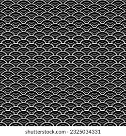 Vector modern volumetric tattoo geometric seamless halftone pattern, Waves and Flowers, Black and White