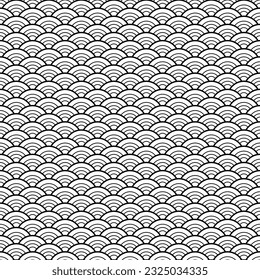 Vector modern volumetric tattoo geometric seamless halftone pattern, Waves and Flowers, Black and White