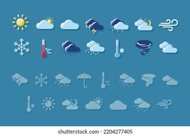 Vector modern weather icons collection. Set of Hand drawn cute weather elements. Meteorology symbols