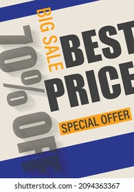 Pancarta vectorial moderna de la web o folleto publicitario en estilo vanguardista con mejor precio de texto, gran venta, oferta especial, 70 por ciento de descuento