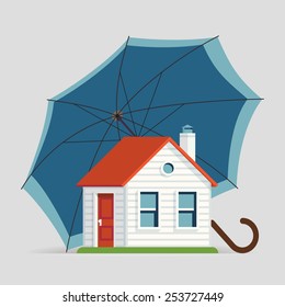 Vector Modern Web Banner Or Printable Poster Design On Home, Residential Real Estate And Accommodation Insurance And Protection With Umbrella And Small House Icons