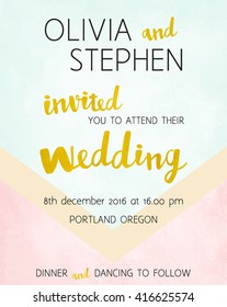 Vector modern wedding invitation. Gold foil calligraphy lettering Wedding. Background watercolor card with a geometric zig zag pattern