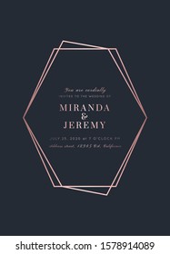 Vector modern wedding invitation template. Art Deco geometric frame.Polygon luxury classy Rose Gold design background.Pink brochure, flyer, cover, poster, card, logo, business identity style.