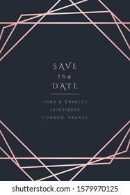 Vector modern wedding invitation template. Art Deco geometric frame. Polygon luxury classy Rose Gold design background. Pink brochure, flyer, cover, poster, card, logo, business identity style.