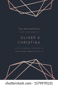 Vector modern wedding invitation template. Art Deco geometric frame.Polygon luxury classy Rose Gold design background.Pink brochure, flyer, cover, poster, card, logo, business identity style.