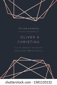 Vector modern wedding invitation template. Art Deco geometric frame.Polygon luxury classy Rose Gold design background.Pink brochure, flyer, cover, poster, card, logo, business identity style.