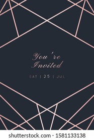 Vector modern wedding invitation template. Art Deco geometric frame.Polygon luxury classy Rose Gold design background.Pink brochure, flyer, cover, poster, card, logo, business identity style.