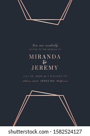 Vector modern wedding invitation template. Art Deco geometric frame.Polygon luxury classy Rose Gold design background.Pink brochure, flyer, cover, poster, card, logo, business identity style.