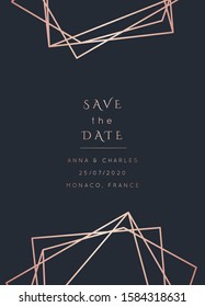 Vector modern wedding invitation template. Art Deco geometric frame.Polygon luxury classy Rose Gold design background.Pink brochure, flyer, cover, poster, card, logo, business identity style.