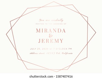 Vector modern wedding invitation template. Art Deco geometric frame.Polygon luxury classy Rose Gold on white design background.Pink brochure, flyer, cover, poster, card, logo, business identity style.