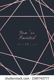 Vector modern wedding invitation template. Art Deco geometric frame.Polygon luxury classy Rose Gold design background.Pink brochure, flyer, cover, poster, card, logo, business identity style.