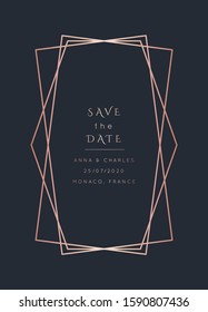 Vector modern wedding invitation template. Art Deco geometric frame.Polygon luxury classy Rose Gold design background.Pink brochure, flyer, cover, poster, card, logo, business identity style.