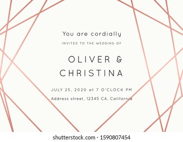 Vector modern wedding invitation template. Art Deco geometric frame.Polygon luxury classy Rose Gold on white design background.Pink brochure, flyer, cover, poster, card, logo, business identity style.