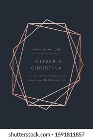 Vector modern wedding invitation template. Art Deco geometric frame.Polygon luxury classy Rose Gold design background.Pink brochure, flyer, cover, poster, card, logo, business identity style.