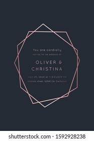 Vector modern wedding invitation template. Art Deco geometric frame.Polygon luxury classy Rose Gold design background.Pink brochure, flyer, cover, poster, card, logo, business identity style.