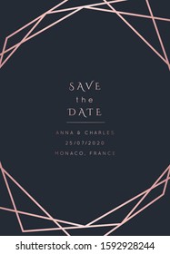 Vector modern wedding invitation template. Art Deco geometric frame.Polygon luxury classy Rose Gold design background.Pink brochure, flyer, cover, poster, card, logo, business identity style.