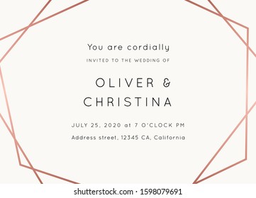 Vector modern wedding invitation template. Art Deco geometric frame.Polygon luxury classy Rose Gold on white design background.Pink brochure, flyer, cover, poster, card, logo, business identity style.