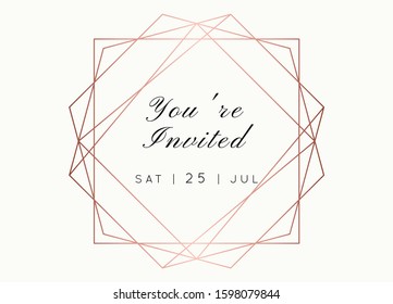 Vector modern wedding invitation template. Art Deco geometric frame.Polygon luxury classy Rose Gold on white design background.Pink brochure, flyer, cover, poster, card, logo, business identity style.