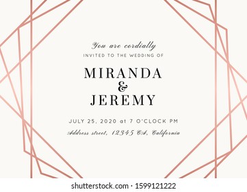 Vector modern wedding invitation template. Art Deco geometric frame.Polygon luxury classy Rose Gold on white design background.Pink brochure, flyer, cover, poster, card, logo, business identity style.