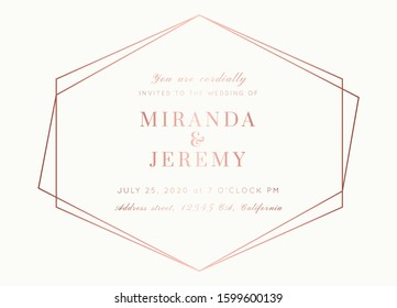 Vector modern wedding invitation template. Art Deco geometric frame.Polygon luxury classy Rose Gold on white design background.Pink brochure, flyer, cover, poster, card, logo, business identity style.