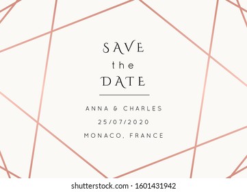 Vector modern wedding invitation template. Art Deco geometric frame.Polygon luxury classy Rose Gold on white design background.Pink brochure, flyer, cover, poster, card, logo, business identity style.
