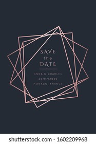 Vector modern wedding invitation template. Art Deco geometric frame.Polygon luxury classy Rose Gold design background.Pink brochure, flyer, cover, poster, card, logo, business identity style.