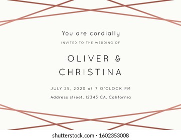 Vector modern wedding invitation template. Art Deco geometric frame. Polygon luxury classy Rose Gold on white design background. Pink brochure, flyer, cover, poster, card, logo, business identity style.