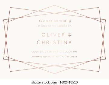 Vector modern wedding invitation template. Art Deco geometric frame.Polygon luxury classy Rose Gold on white design background.Pink brochure, flyer, cover, poster, card, logo, business identity style.