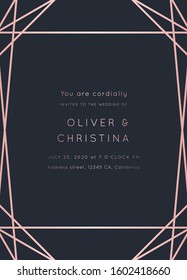 Vector Modern Wedding Invitation Template. Art Deco Geometric Frame.Polygon Luxury Classy Rose Gold Design Background.Pink Brochure, Flyer, Cover, Poster, Card, Logo, Business Identity Style.