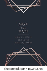 Vector modern wedding invitation template. Art Deco geometric frame.Polygon luxury classy Rose Gold design background.Pink brochure, flyer, cover, poster, card, logo, business identity style.